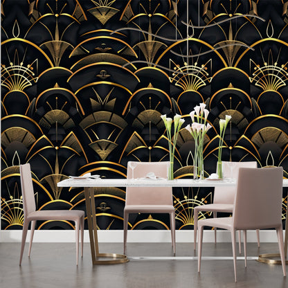 Papier Peint Art Déco Motif Géométrique Noir et Doré Example de Design 2