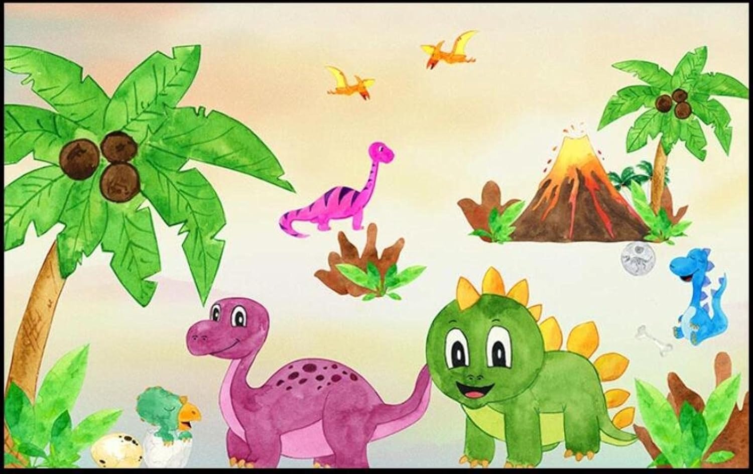 Papier Peint Dinosaure Monde Préhistorique Aquarelle et Palmiers