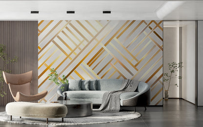 Papier Peint Géométrique Lignes Art Déco Blanc et Doré Example de Design 2