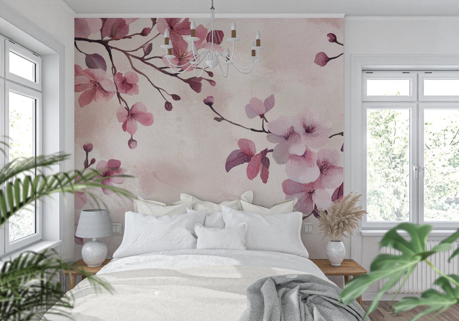 Papier Peint Fleurs de Cerisier Aquarelle Japonaise Rose et Mauve Example de Design 2