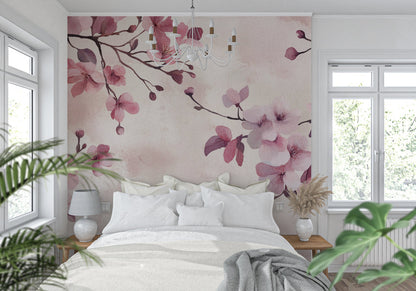 Papier Peint Fleurs de Cerisier Aquarelle Japonaise Rose et Mauve Example de Design 2