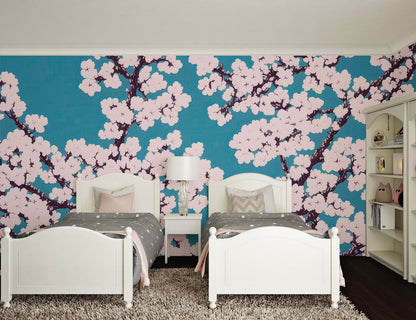 Papier Peint Japonais Fleurs de Cerisier sur Fond Bleu Canard Example de Design 2