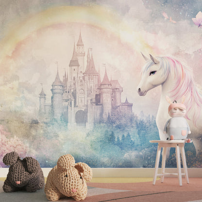 Papier Peint Licorne Château Magique avec Arcenciel Pastel Example de Design 2