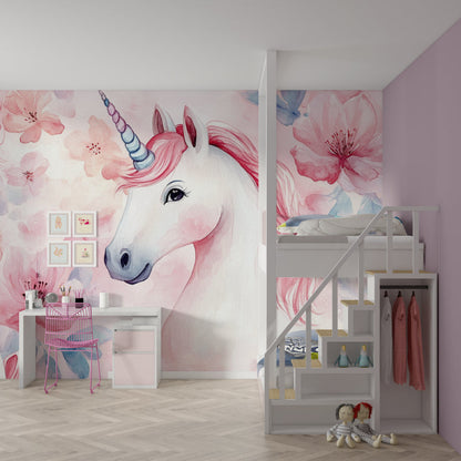 Papier Peint Licorne Aquarelle Florale Rose et Féérique Example de Design 2