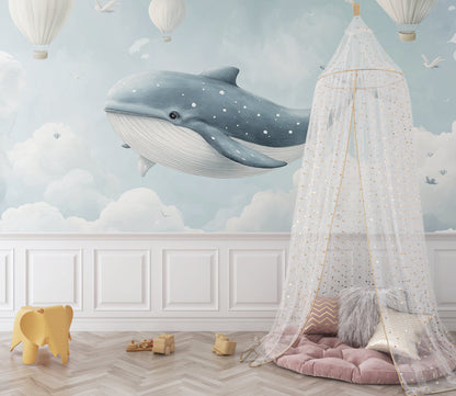 Papier Peint Baleine Scène Féérique avec Montgolfières et Nuages Example de Design 2