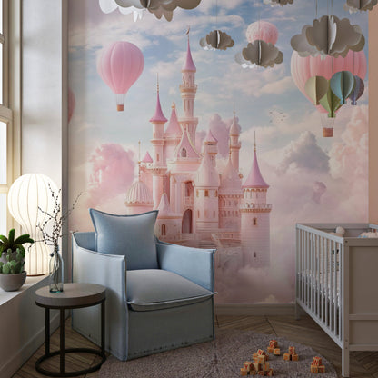 Papier Peint Château de Princesse Montgolfières Roses dans les Nuages Example de Design 2