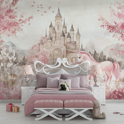 Papier Peint Château Licorne Fresque Aquarelle Rose Princesse Example de Design 2