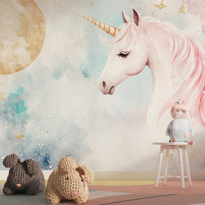 Papier Peint Licorne Aquarelle Rose et Lune Dorée Example de Design 2