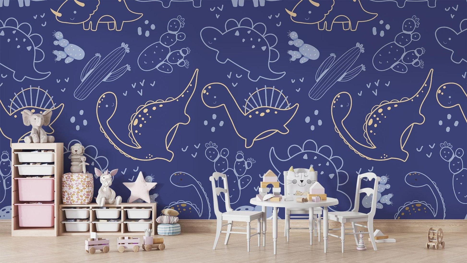 Papier Peint Dinosaure Motif Ligne Art Bleu Marine et Doré Example de Design 3
