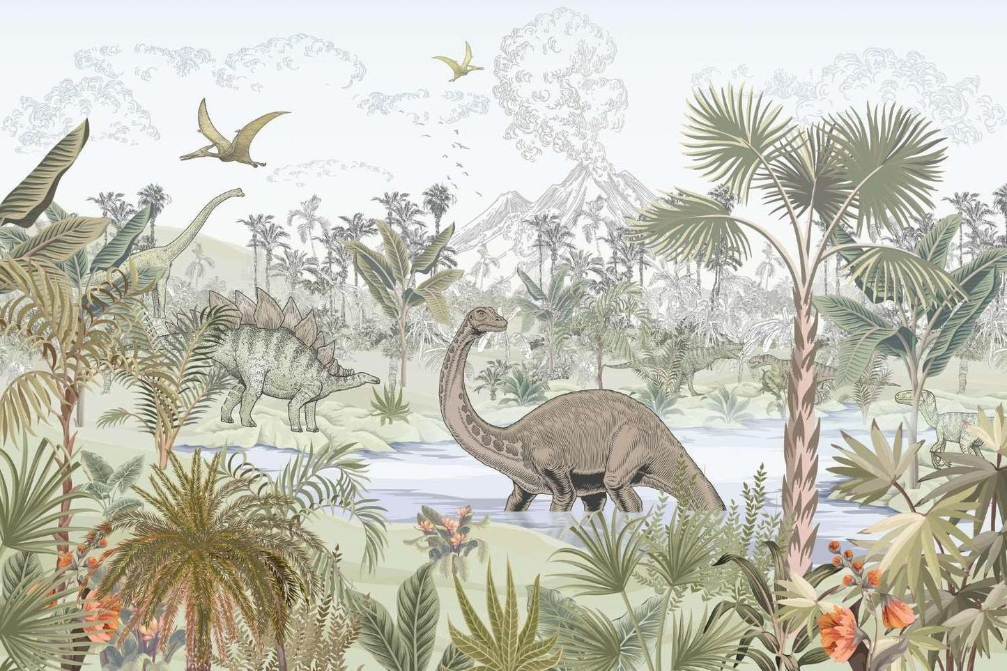 Papier Peint Dinosaure Scène Préhistorique Tropicale avec Volcans