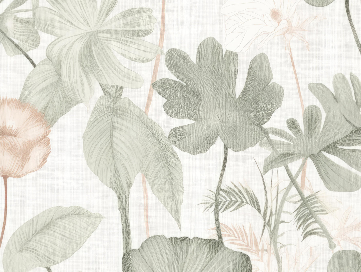 Papier Peint Feuillage Monstera et Palmiers Tons Vert Sauge