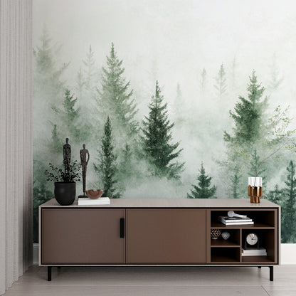 Papier Peint Forêt Pins dans la Brume Aquarelle Example de Design 3
