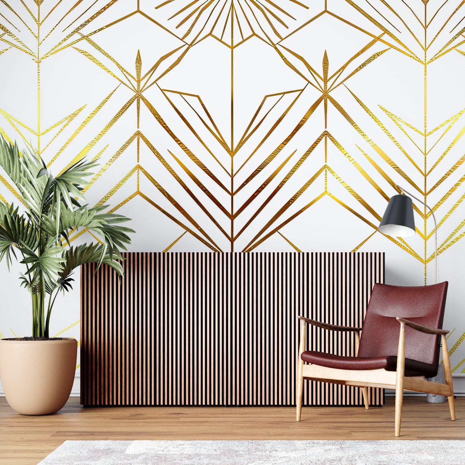 Papier Peint Art Déco Motif Géométrique Doré sur Fond Blanc Example de Design 3