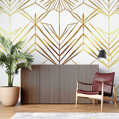 Papier Peint Art Déco Motif Géométrique Doré sur Fond Blanc Example de Design 3