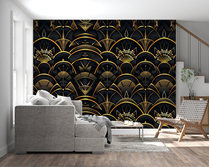 Papier Peint Art Déco Motif Géométrique Noir et Doré Example de Design 3