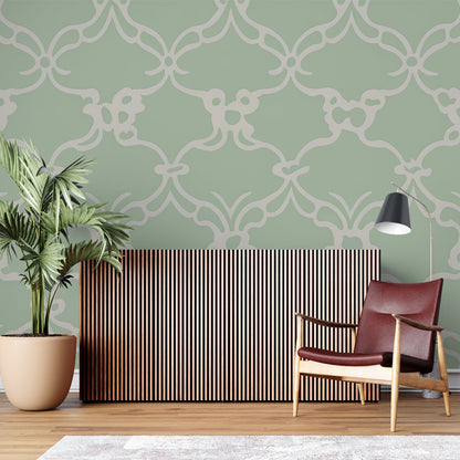 Papier Peint Art Déco Motif Géométrique Vert Sauge et Beige Example de Design 3