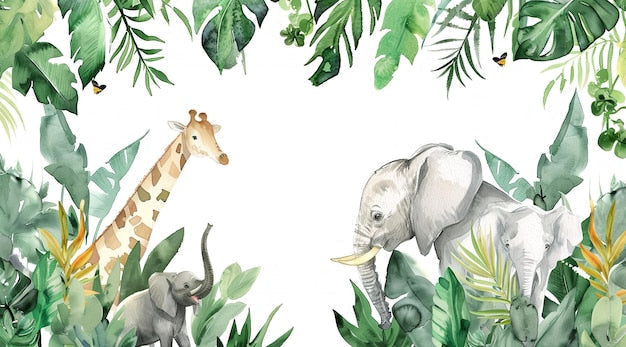 Papier Peint Safari Animaux de la Jungle et Feuillage Aquarelle