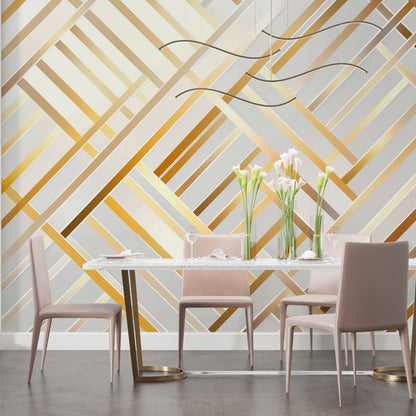 Papier Peint Géométrique Lignes Art Déco Blanc et Doré Example de Design 3