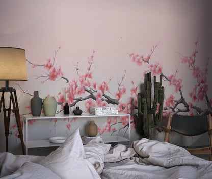 Papier Peint Cerisier Japonais Fleurs de Sakura sur Dégradé Gris Example de Design 3