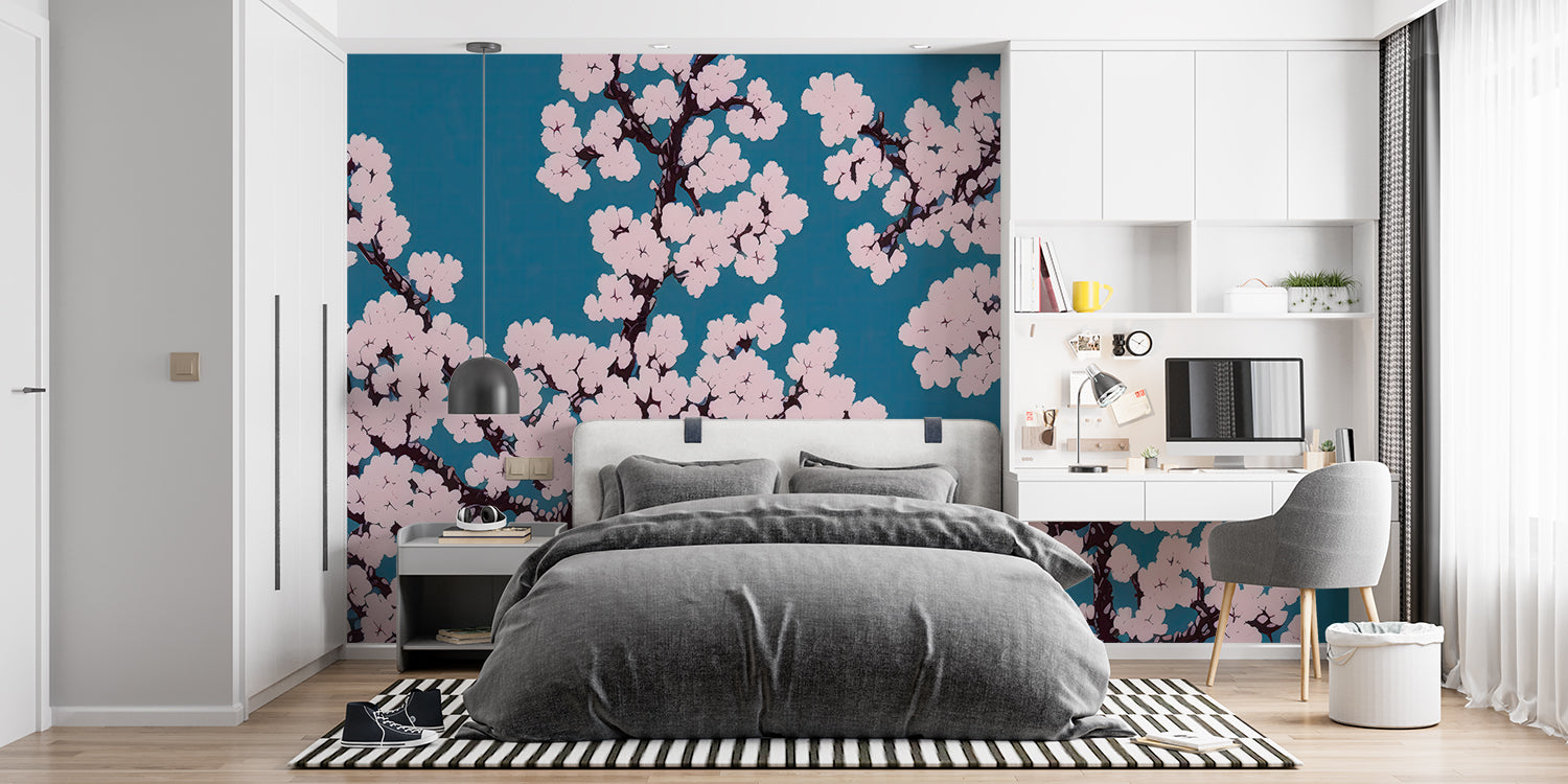 Papier Peint Japonais Fleurs de Cerisier sur Fond Bleu Canard Example de Design 3