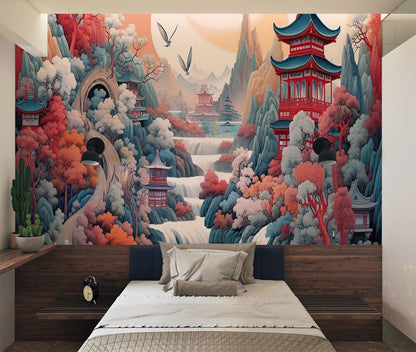 Papier Peint Japonais Paysage Traditionnel avec Pagodes et Cerisiers Example de Design 3