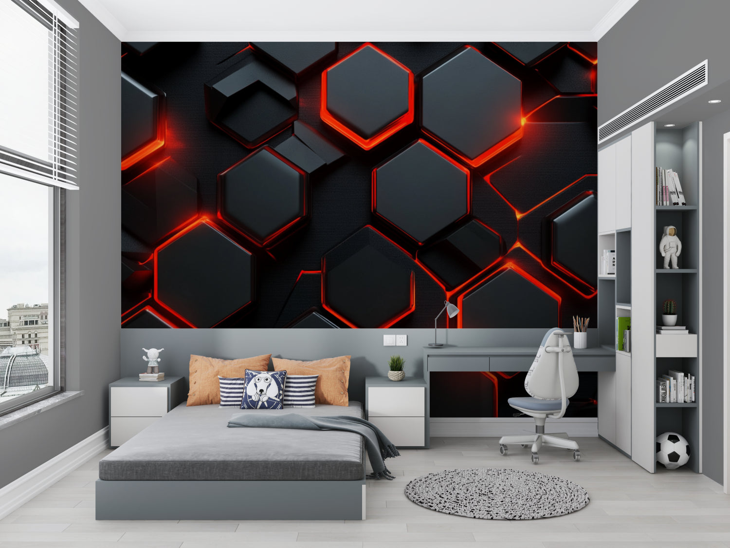 Papier Peint Géométrique Hexagones Noirs avec Contours Lumineux Rouge Example de Design 3
