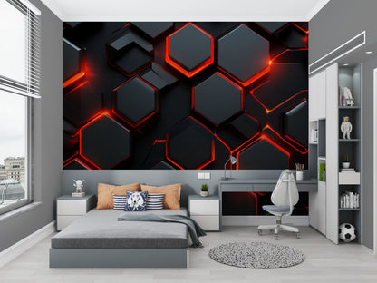 Papier Peint Géométrique Hexagones Noirs avec Contours Lumineux Rouge Example de Design 3