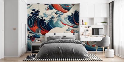 Papier Peint Japonais Vagues Dynamiques Bleu Marine et Rouge Example de Design 3