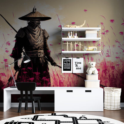 Papier Peint Japonais Samouraï dans un Champ de Fleurs Rose Example de Design 3
