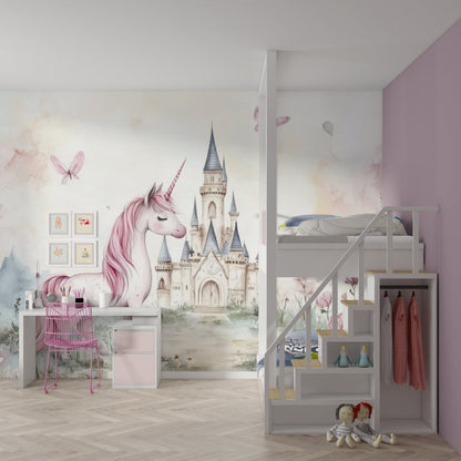 Papier Peint Licorne Château Féerique et Papillons Rose Pastel Example de Design 3