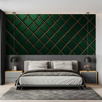 Papier Peint Géométrique Motif Diamant Vert et Doré Art Déco Example de Design 3