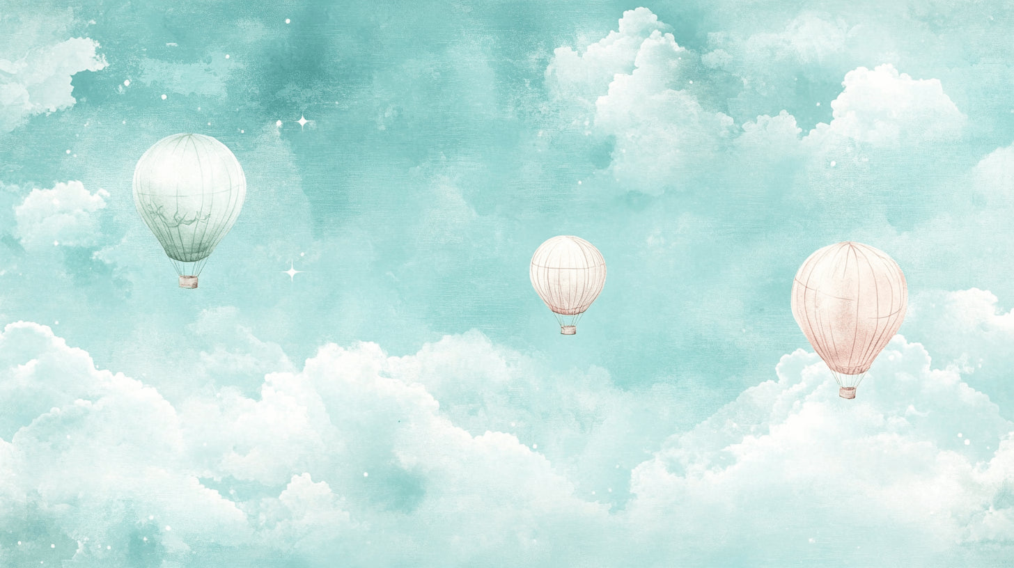 Papier Peint Montgolfière Ciel Turquoise et Nuages Féeriques