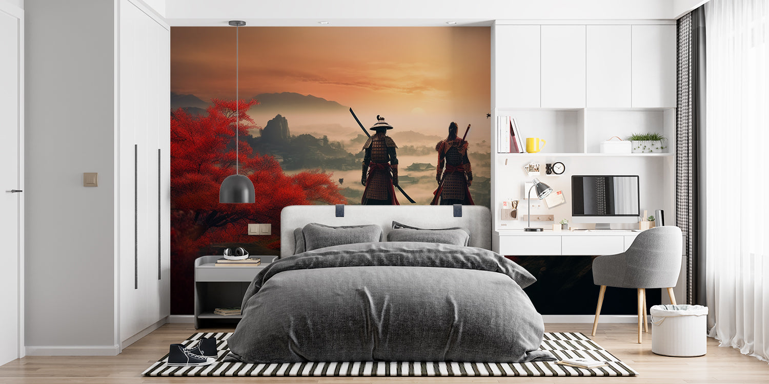 Papier Peint Japonais Samouraïs dans la Forêt dÉrables Rouges Example de Design 3