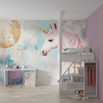 Papier Peint Licorne Aquarelle Rose et Lune Dorée Example de Design 3