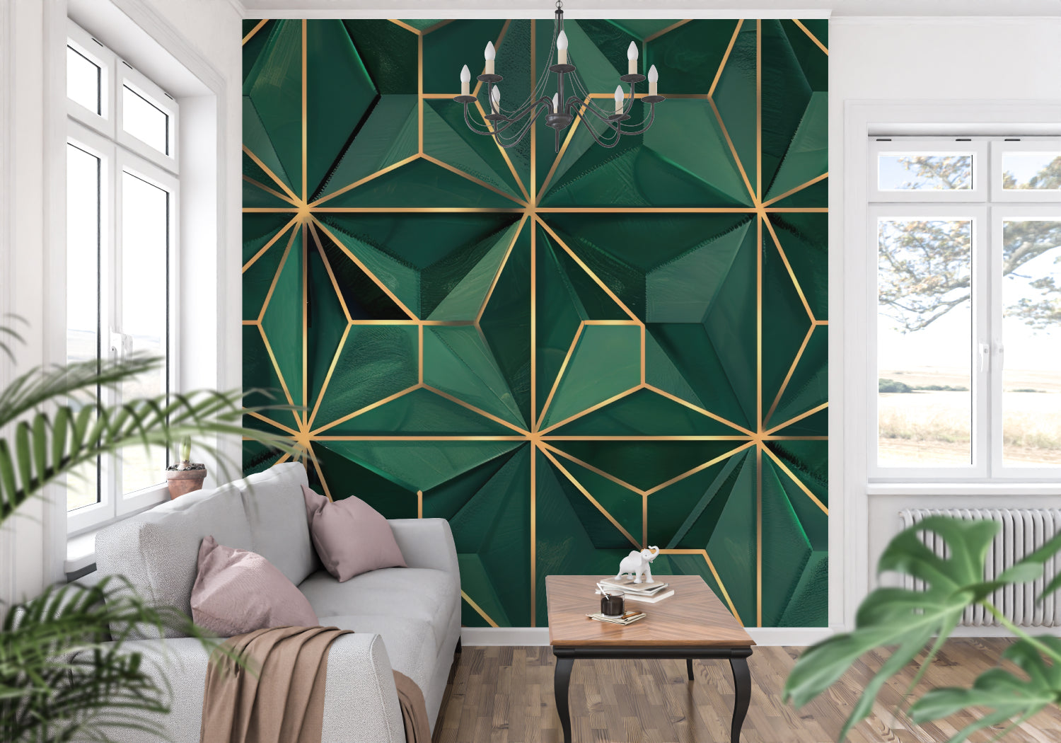 Papier Peint Art Déco Motif Géométrique Vert Émeraude et Or Example de Design 3