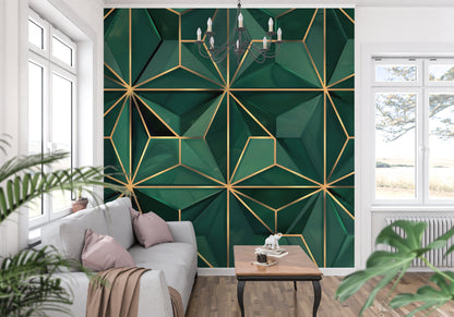 Papier Peint Art Déco Motif Géométrique Vert Émeraude et Or Example de Design 3
