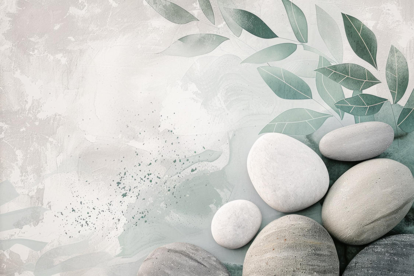 Papier Peint Zen Feuilles de Sauge et Galets Naturels
