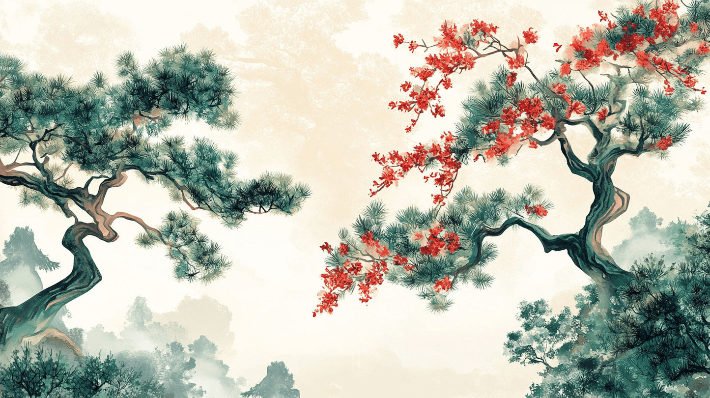 Papier Peint Japonais Pin et Cerisier en Fleurs Style Asiatique