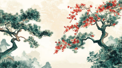 Papier Peint Japonais Pin et Cerisier en Fleurs Style Asiatique