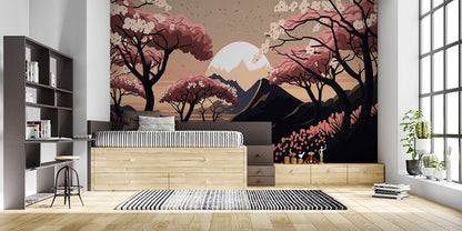 Papier Peint Japonais Cerisiers en Fleurs et Mont Enneigé au Coucher du Soleil Example de Design 4