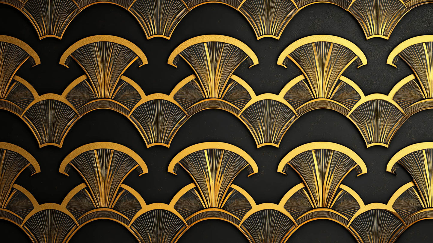 Papier Peint Art Déco Motif Éventail Noir et Doré