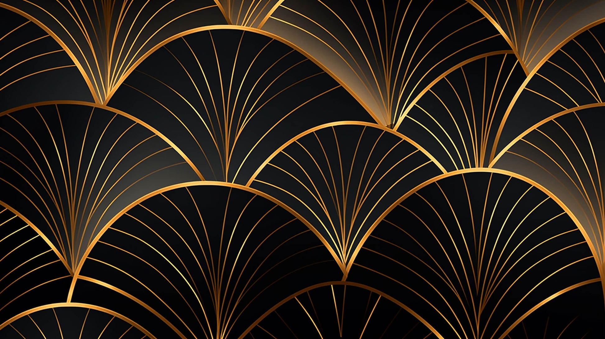 Papier Peint Art Déco Motif Éventail Noir et Doré