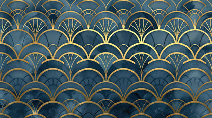 Papier Peint Art Déco Motif Éventail Doré sur Bleu Profond