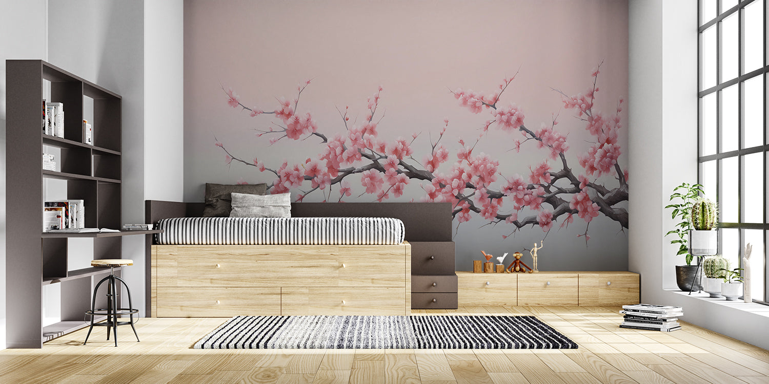 Papier Peint Cerisier Japonais Fleurs de Sakura sur Dégradé Gris Example de Design 4
