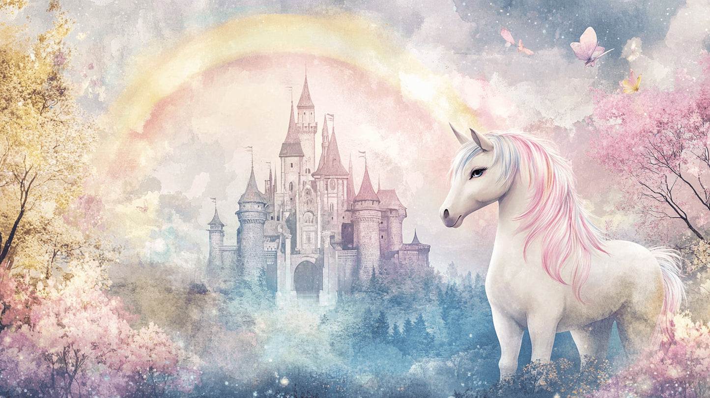 Papier Peint Licorne Château Magique avec Arcenciel Pastel