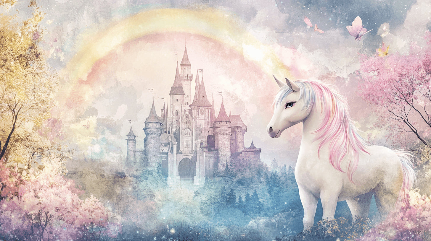 Papier Peint Licorne Château Magique avec Arcenciel Pastel