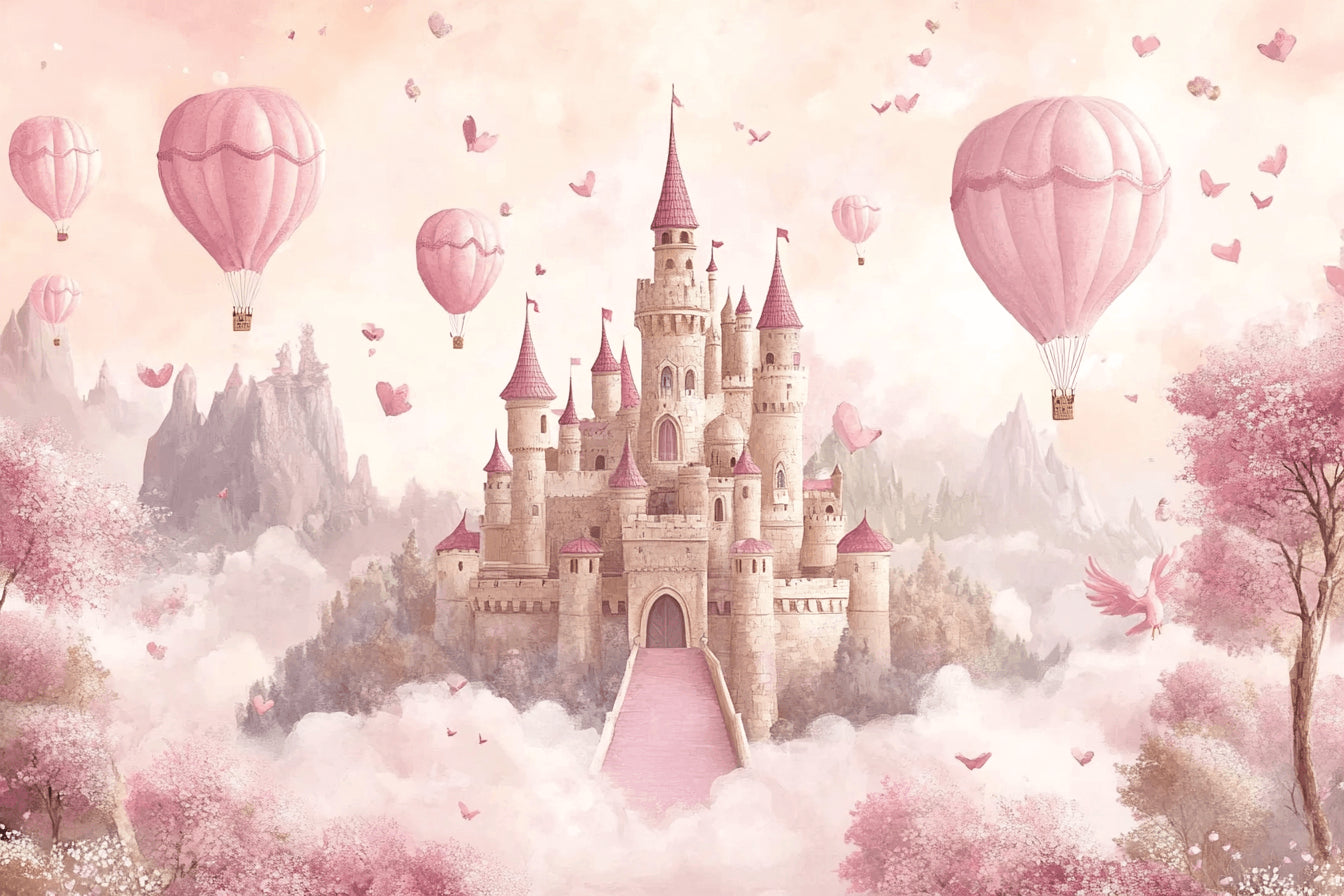 Papier Peint Château de Princesse Montgolfières Roses et Papillons Enchantés
