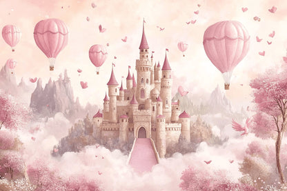 Papier Peint Château de Princesse Montgolfières Roses et Papillons Enchantés
