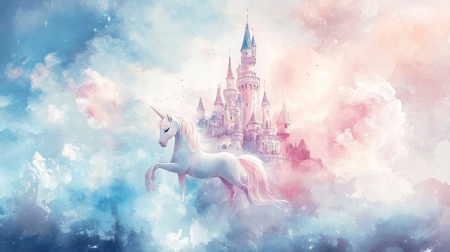 Papier Peint Licorne Château Féerique dans les Nuages Roses et Bleus