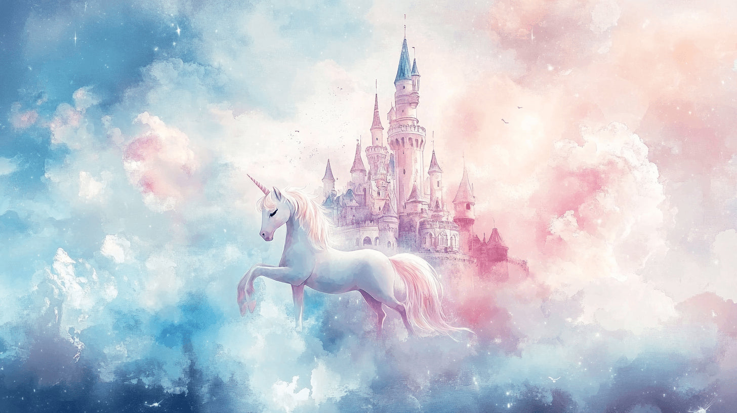 Papier Peint Licorne Château Féerique dans les Nuages Roses et Bleus